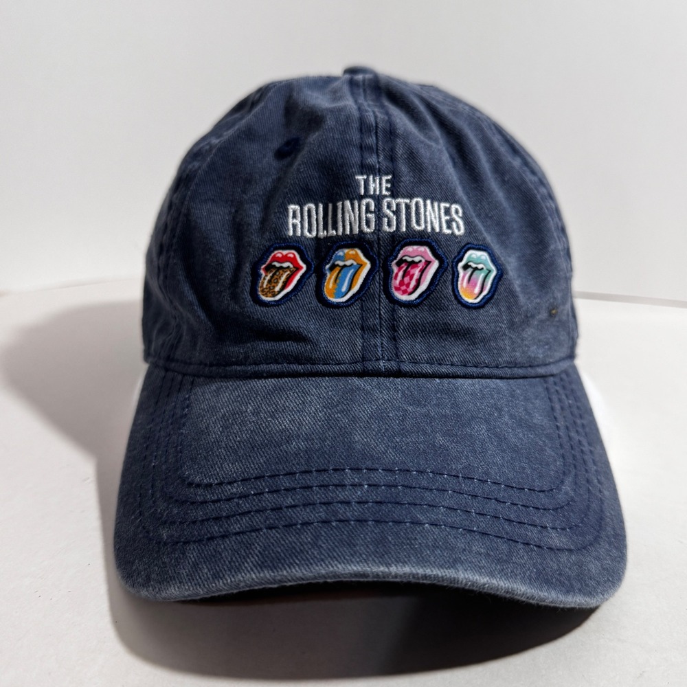 Rolling Stones Washed Navy Blue Embroidered Tongue Logo Dad Hat Official Merch